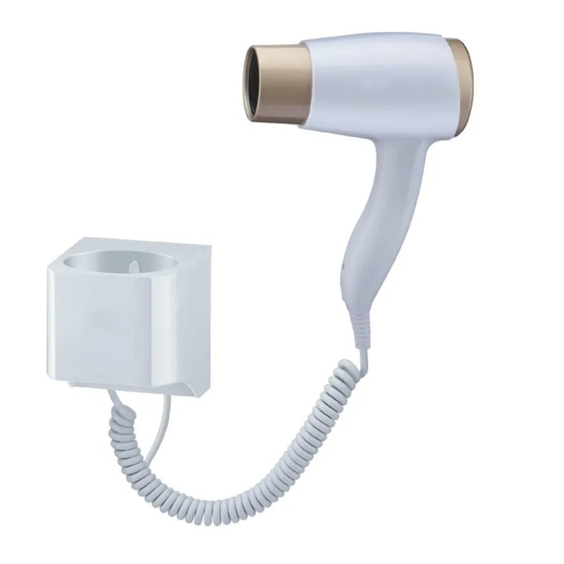 White wall-mounted hair dryer with beige nozzle on a white background