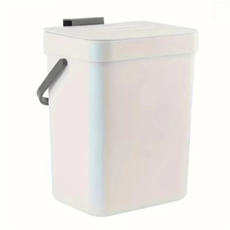 White trash can with a gray handle on a white background