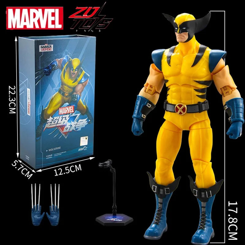 Marvel action figure with packaging and measurements on a black background