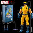 Marvel action figure with packaging and measurements on a black background
