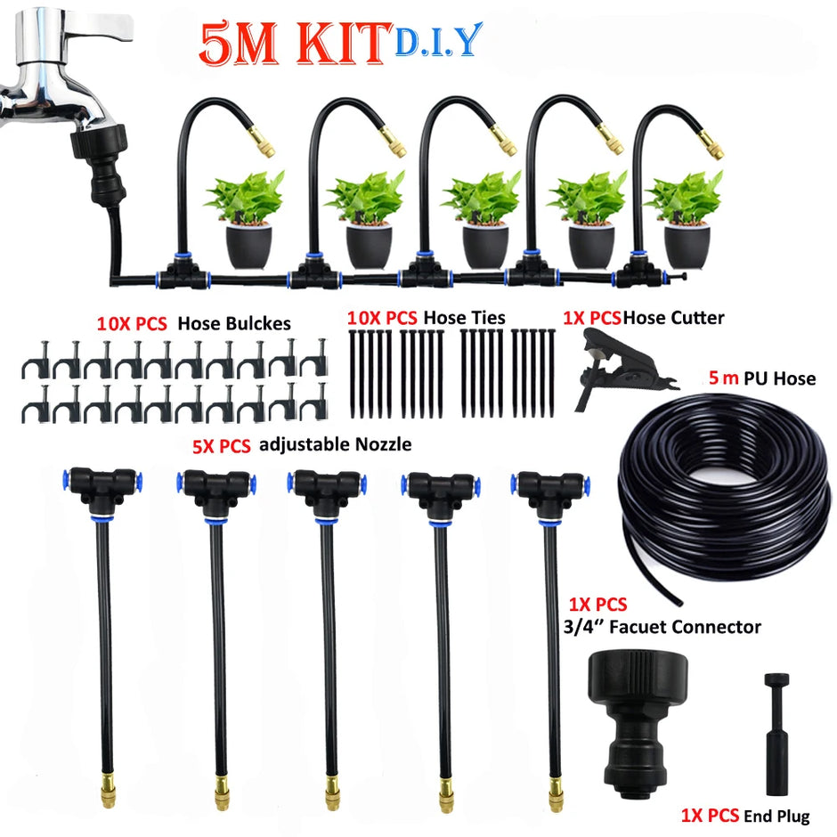 Garden irrigation system kit with hose, connectors, and nozzles on a white background