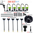 Garden irrigation system kit with hose, connectors, and nozzles on a white background