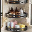 Three-tier corner shelf with bathroom products against a tiled wall.