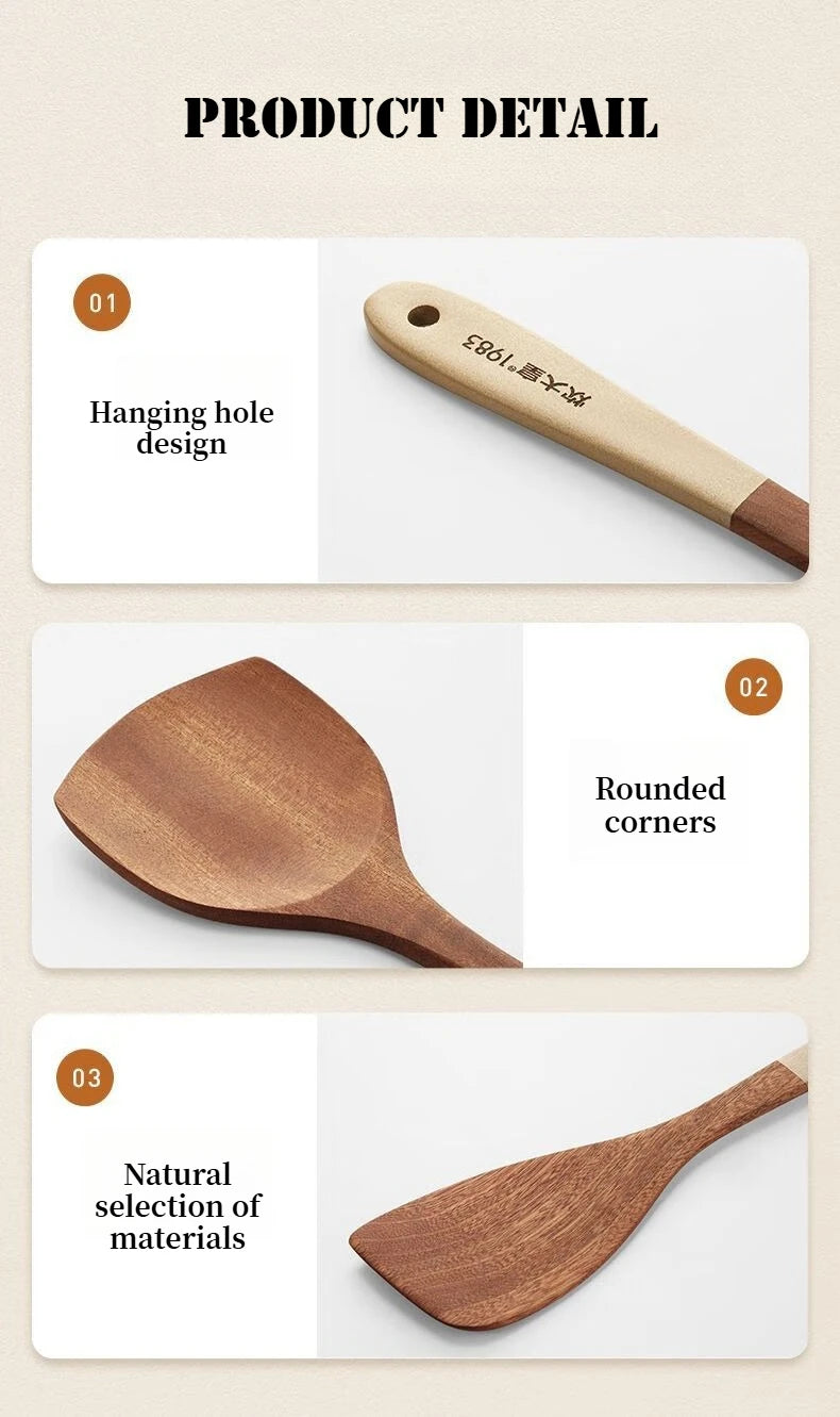 Wooden spatula with hanging hole design on a beige background