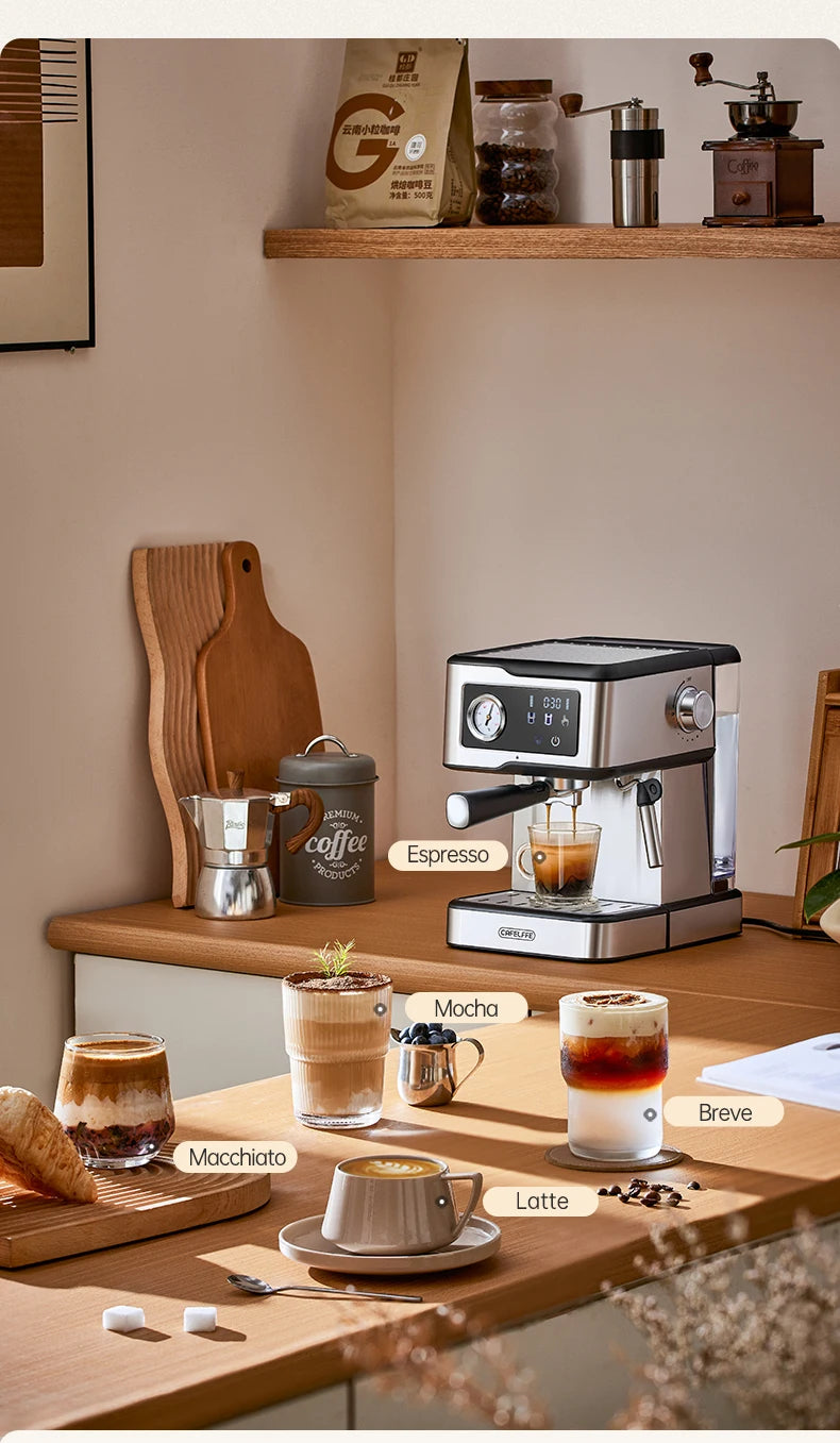 Coffee machine on a wooden counter with various coffee drinks and ingredients.