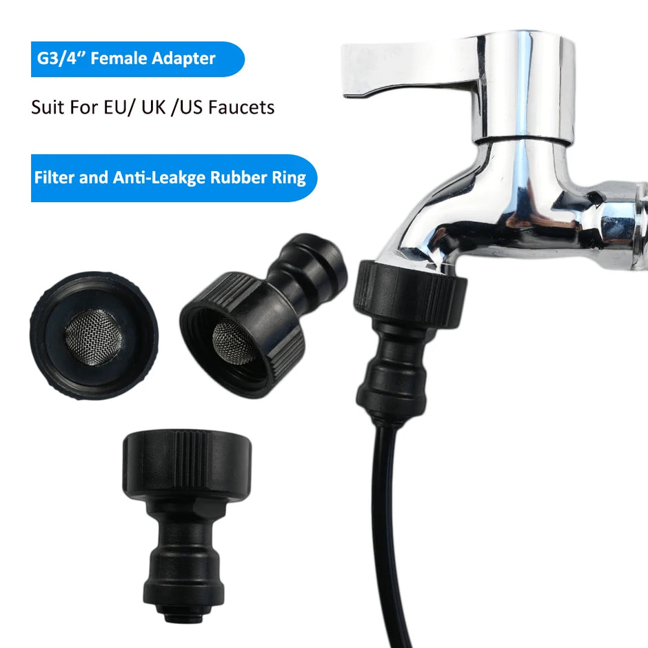 Chrome faucet adapter with black connectors on a white background