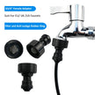Chrome faucet adapter with black connectors on a white background