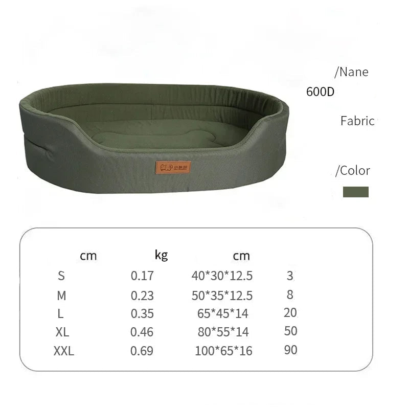 Green pet bed with specifications on a white background