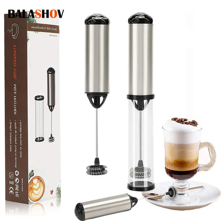 Balashov handheld milk frother with packaging, coffee cup, and latte on a white background
