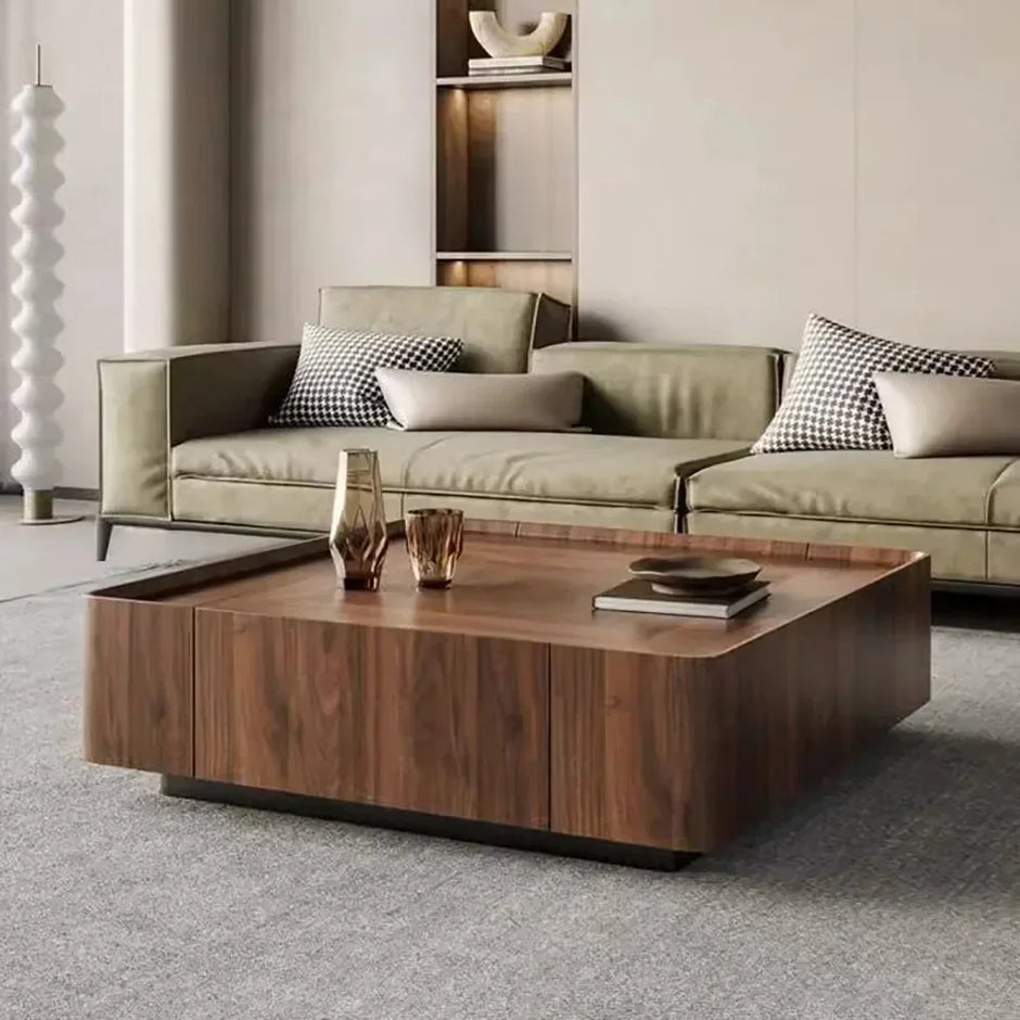 Modern living room with a wooden coffee table and beige sofa.