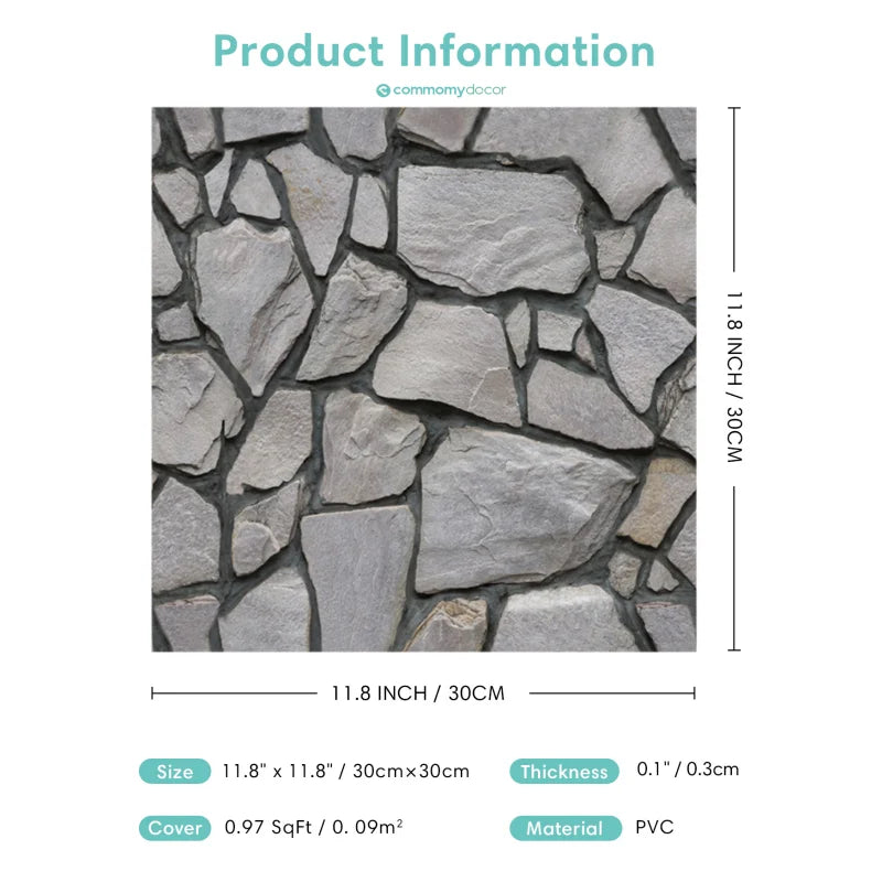 Product information for a stone-patterned material with dimensions and material details.