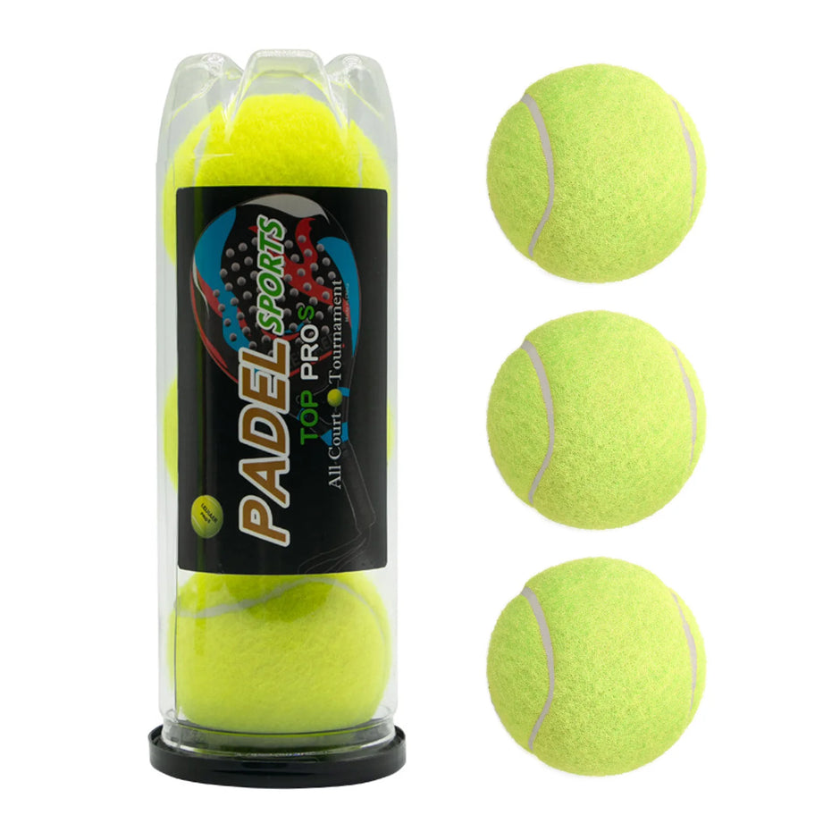 PADEL sports tennis balls in a clear tube with additional balls displayed on a white background