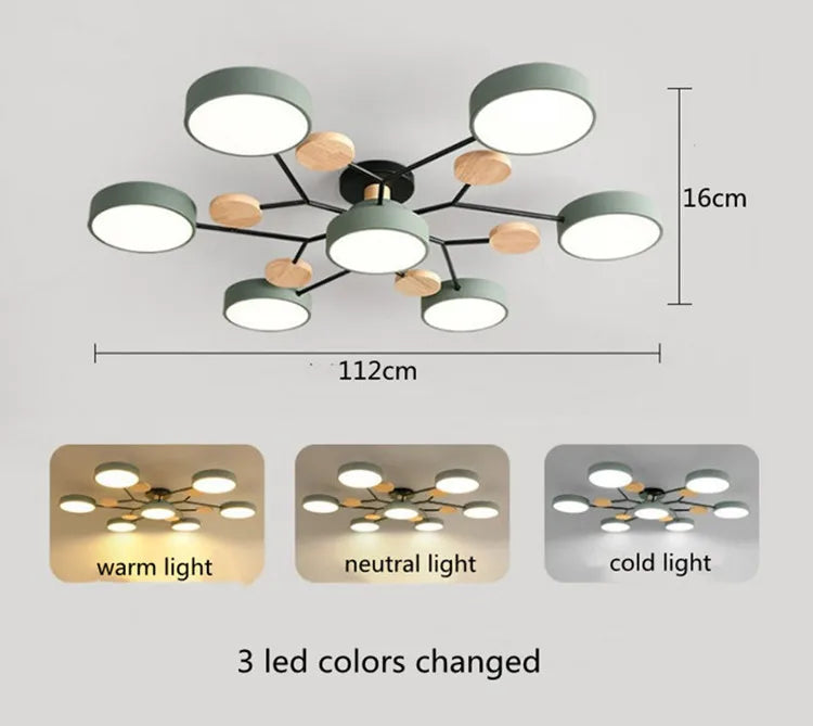 Ceiling light fixture with dimensions and color options on a gray background