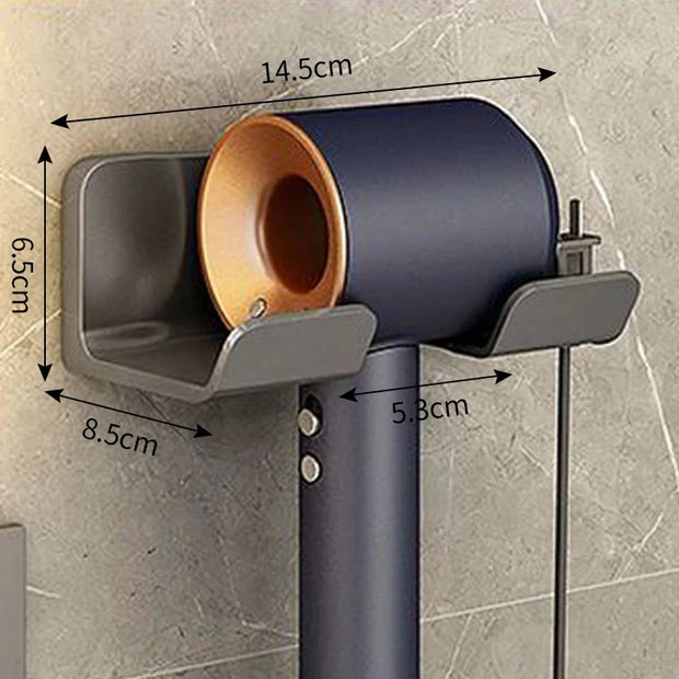 Hair dryer with a holder attached, showing dimensions on a tiled wall background