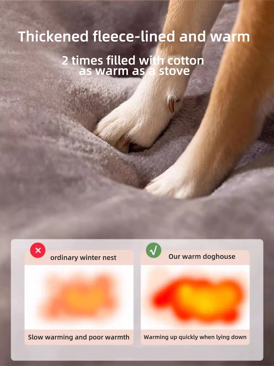 Dog lying on a thick, fleece-lined dog bed with text highlighting its warmth.