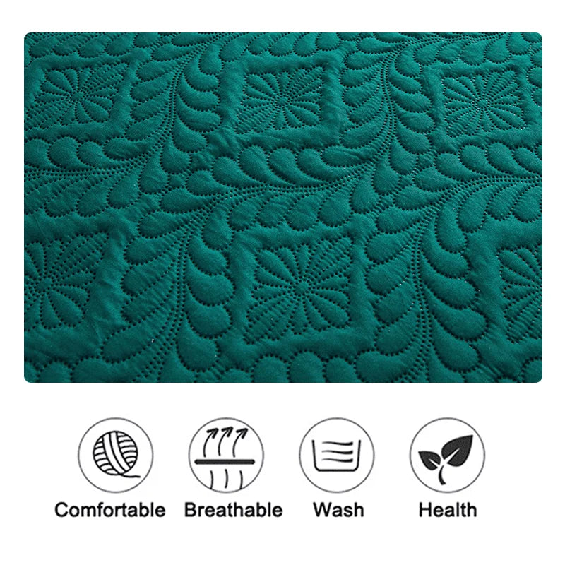 Teal textured mat with comfort, breathability, washability, and health icons below.