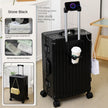 Black suitcase with cup holder feature, next to product packaging with features listed.