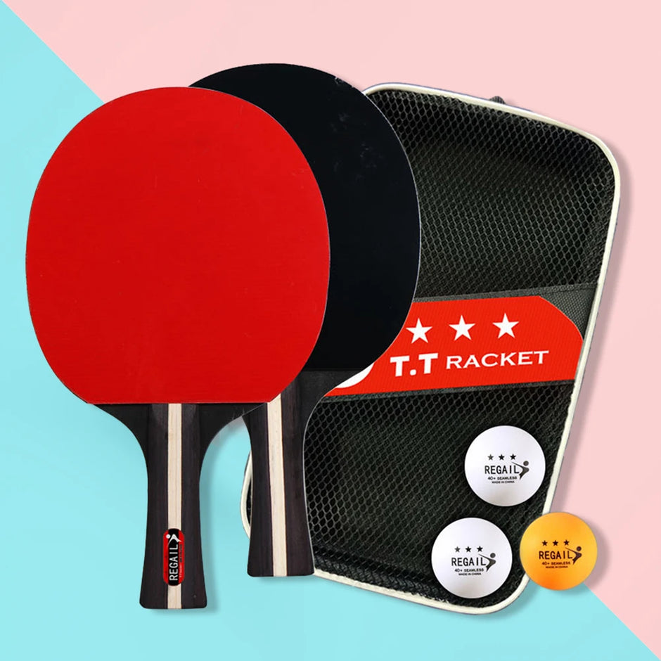 Two ping pong paddles with red and black一, a carrying case, and three balls on a colorful background.