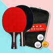 Two ping pong paddles with red and black一, a carrying case, and three balls on a colorful background.