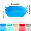 Blue silicone basket with dimensions and color swatches on a white background