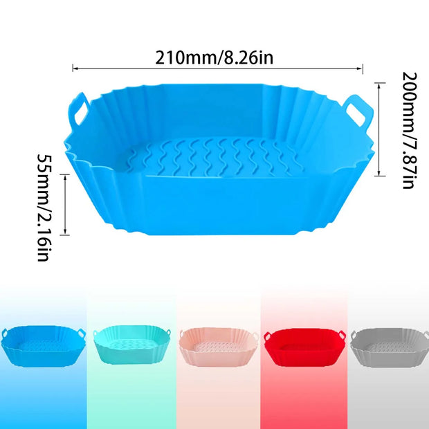 Blue silicone basket with dimensions and color swatches on a white background