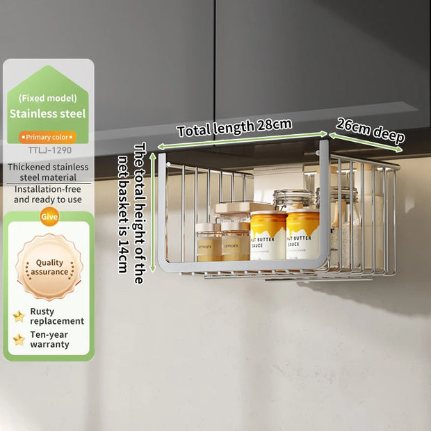Stainless Steel Retractable Under-Shelf Hanging Basket – Kitchen & Bathroom Organizer