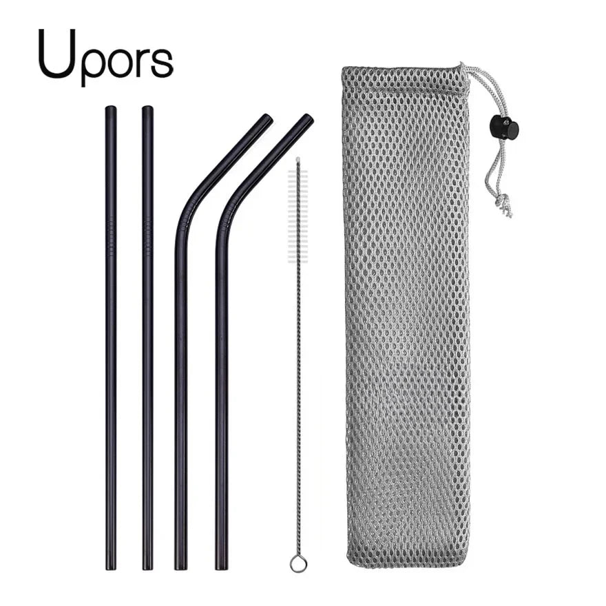 Set of black straws and cleaning brush with a mesh storage bag on a white background, branded 'Upors'.