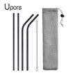 Set of black straws and cleaning brush with a mesh storage bag on a white background, branded 'Upors'.