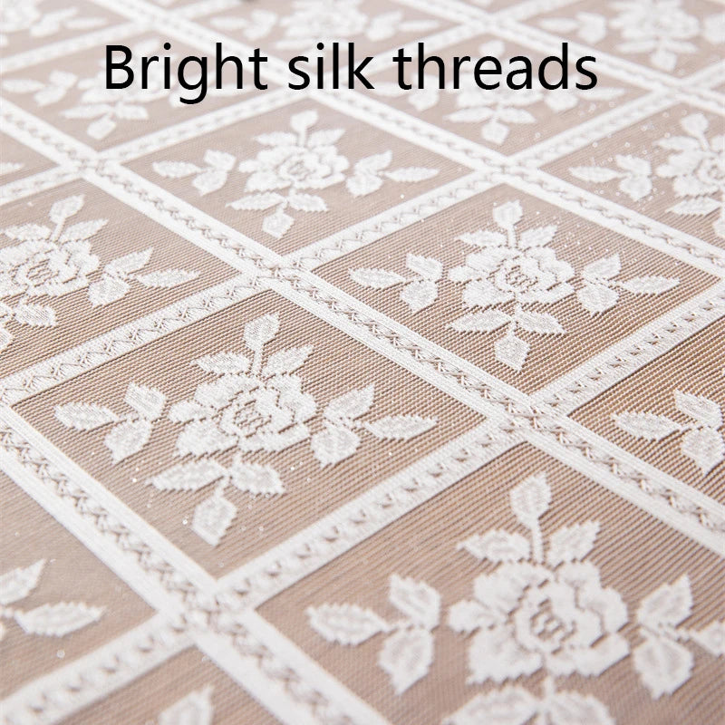 Close-up of white floral lace on beige fabric with 'Bright silk threads' text.