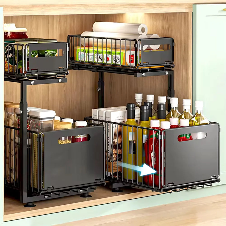 Kitchen storage rack with bottles and food items on a wooden shelf.