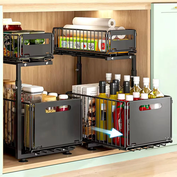 Kitchen storage rack with bottles and food items on a wooden shelf.