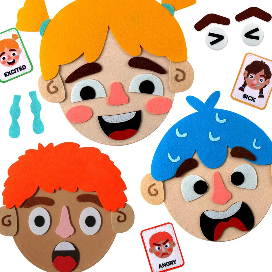 Colorful paper masks with different hairstyles and facial expressions on a white background.
