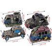 Three miniature model cars with dimensions indicated on a white background