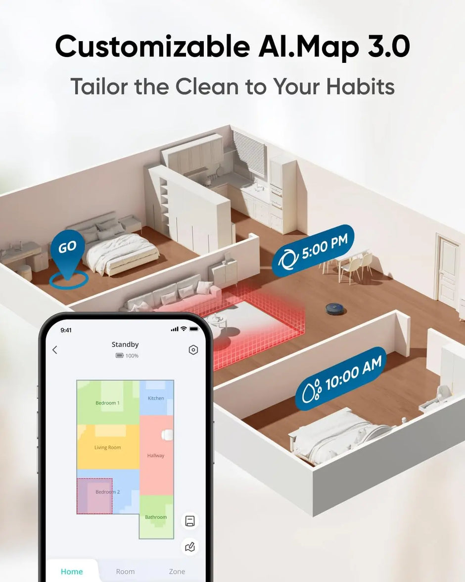 Smart home automation system with customizable AI Map 2.0 and smartphone app interface.