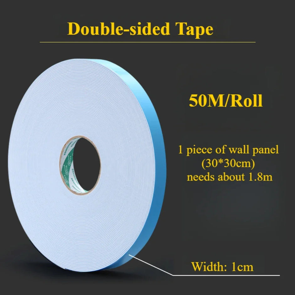 Roll of double-sided tape with specifications on a black background