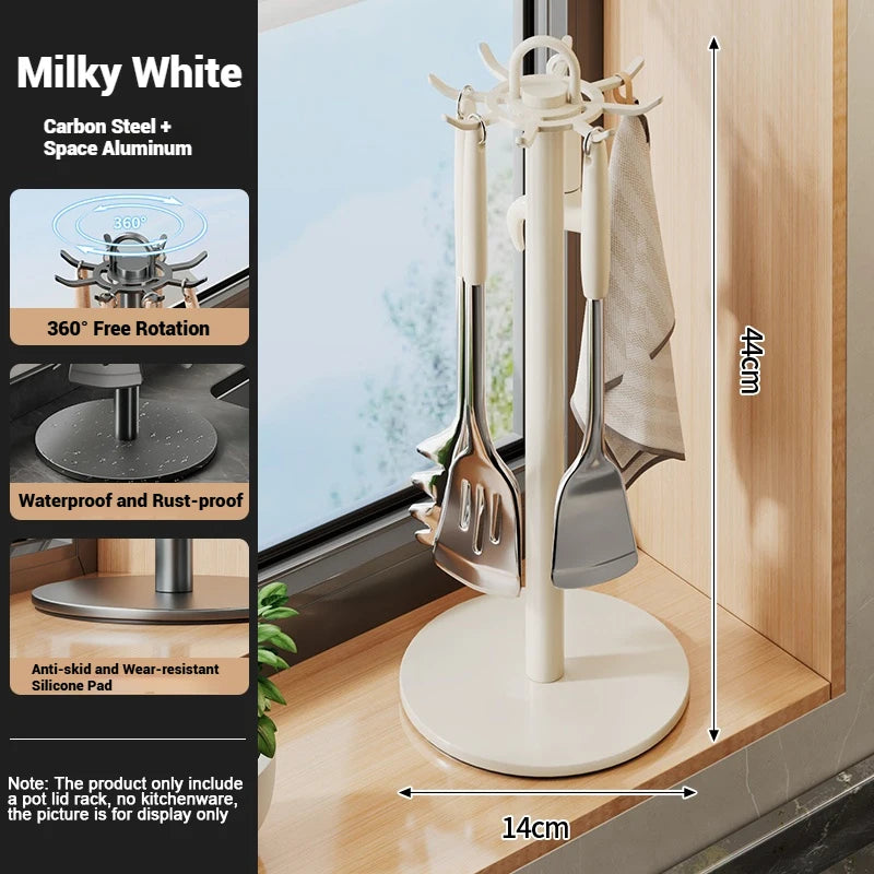 White kitchen utensil holder with measurements and product features on a wooden surface.