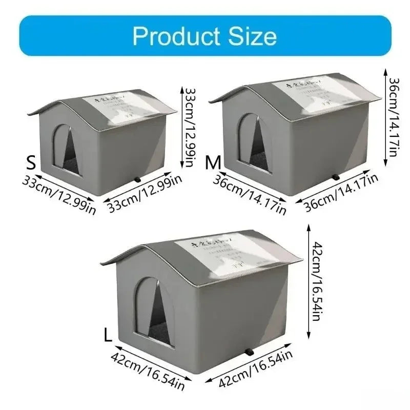 Size chart for gray pet houses with dimensions labeled.