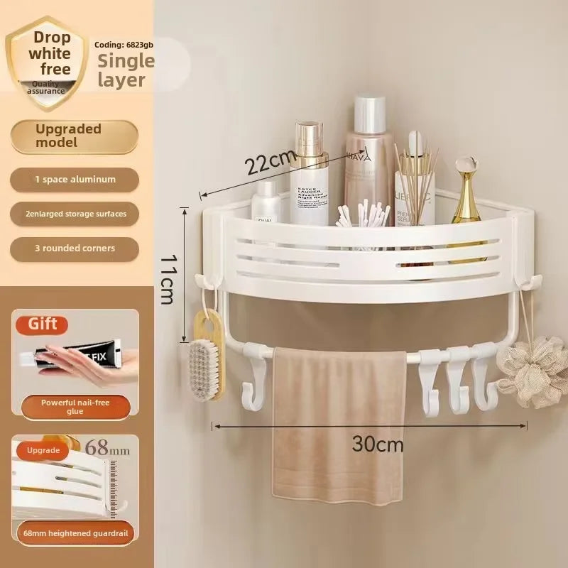 White corner shelf with measurements and product details on a beige background