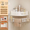 White corner shelf with measurements and product details on a beige background