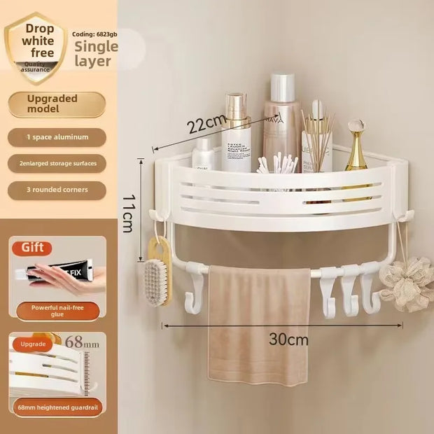 White corner shelf with measurements and product details on a beige background