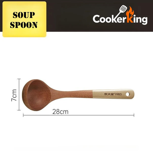 Wooden soup spoon with measurements and 'CookerKing' branding on a white background