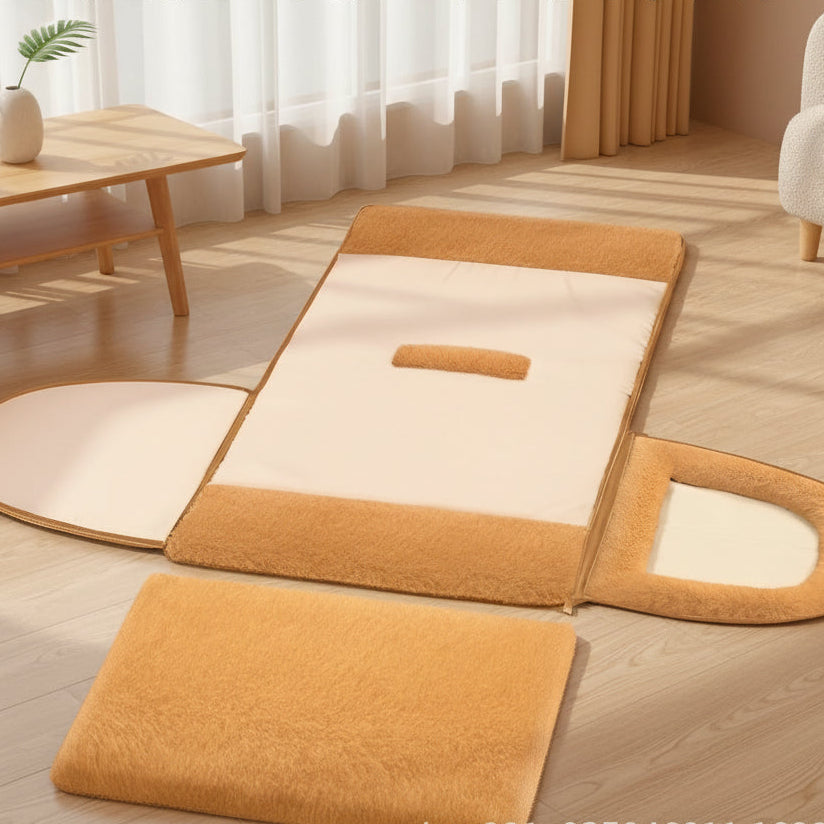 Foldable cat bed with cup design on a wooden floor