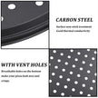 Carbon steel pizza stone with non-stick treatment and breathable vent holes, shown in close-up and pattern views.