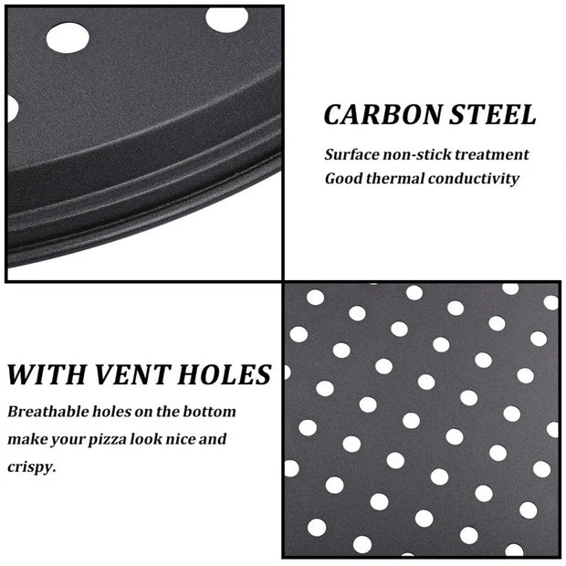 Carbon steel pizza stone with non-stick treatment and breathable vent holes, shown in close-up and pattern views.