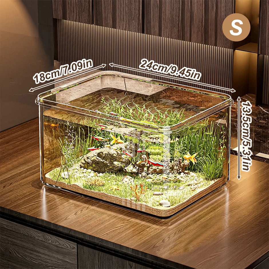 Small aquarium with fish and plants on a wooden surface, showing dimensions.