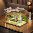 Small aquarium with fish and plants on a wooden surface, showing dimensions.