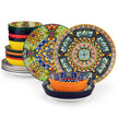 Colorful ceramic plates with intricate patterns on a white background