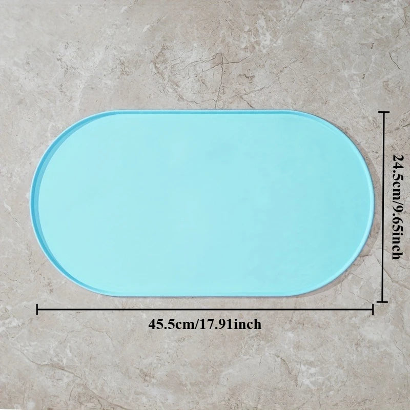 Blue rectangular mat with measurements on a beige surface