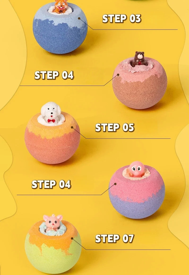 Animated sequence of colorful bath bombs with small animals on a yellow background