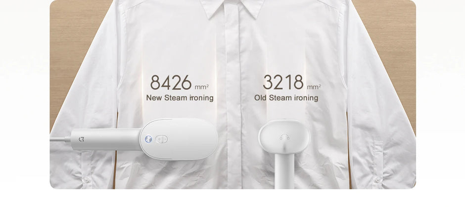 White shirt with steam iron showing time savings on a wooden background